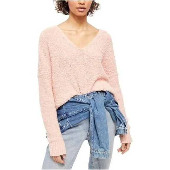 Free People Finders Keepers Light Pink V-Neck Soft Knit Sweater XS - Picture 1 of 4